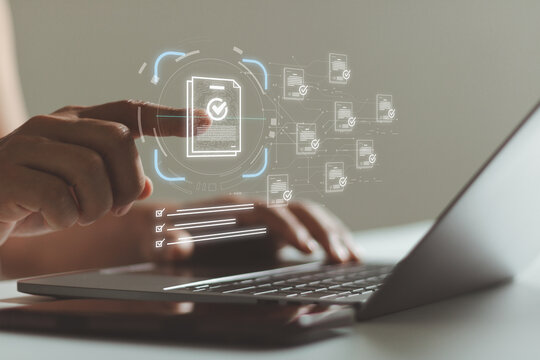 Digital document verification and compliance concept showing a person using a laptop with secure digital records, checklists, approval icons, and connected workflow technology for business.