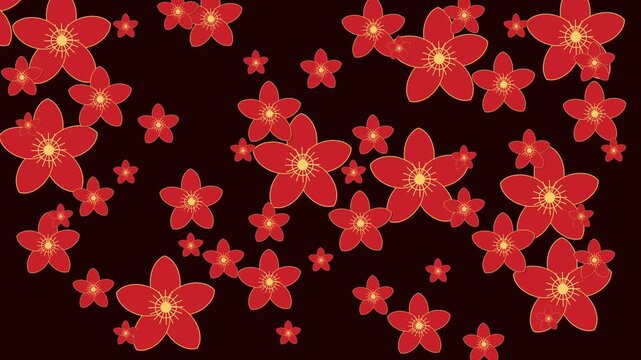 Seamless pattern of red stylized five-petal flowers with yellow centers arranged on a dark maroon.