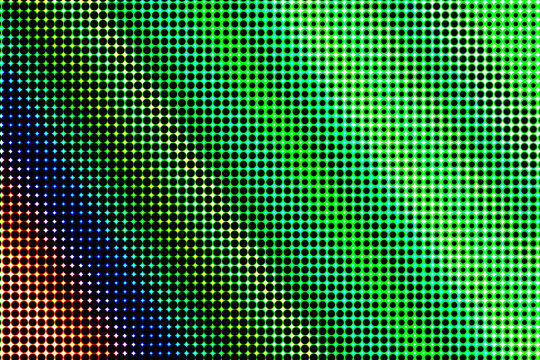 Glowing Green LED Dot Pattern with Blue and Orange Lights on Black Background 