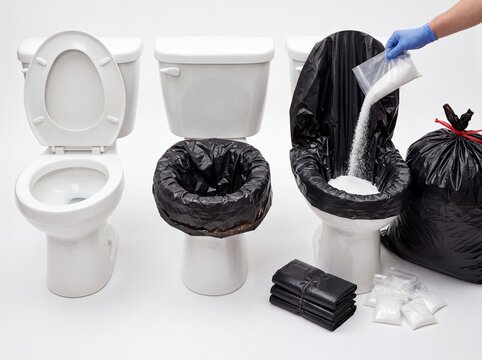 Close-up of three white ceramic toilets in a row showing different uses with black trash bags and hand pouring white bag