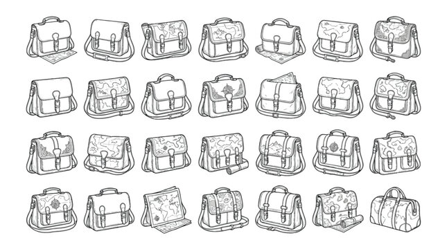 Hand drawn school bag collection, set of 28 sketch style satchels and backpacks, vintage doodle schoolbag vector icons for education design