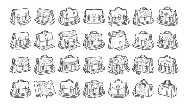 Vintage satchel bag line art collection, 28 hand drawn messenger bag icons, retro leather briefcase and travel bag vector set