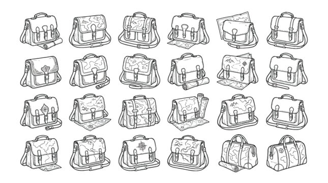Vintage messenger bag collection, 24 hand-drawn satchel vector icons, retro leather shoulder bag sketches for coloring book, travel luggage line art set