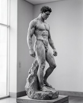 Highly detailed monochrome statue of a muscular male figure in a classical contemplative pose standing on rocky base
