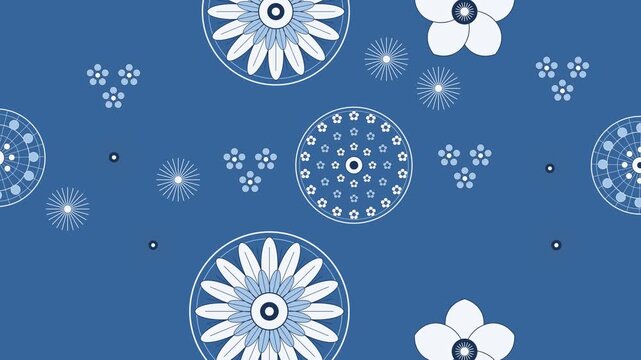 A seamless pattern featuring repeating stylized blue and white floral motifs, circular geometric mandalas, starburst accents, and small cluster shapes.
