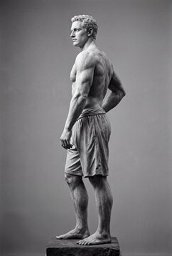 Realistic grayscale sculpture of a muscular male figure in side profile pose showcasing detailed anatomy and defined mus
