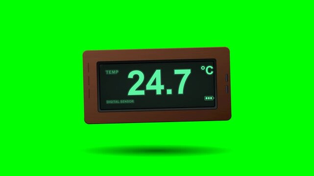 Digital thermometer with wooden casing and LCD display seamlessly looping, displaying temperature changes.
