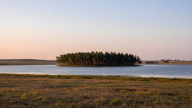 Island with pine trees in a calm lake at sunset