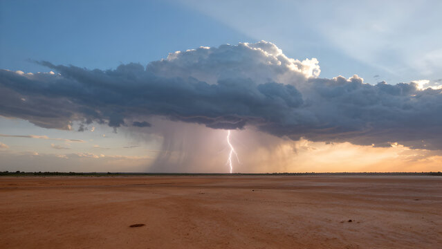 Dramatic thunderstorm over arid open landscape with lightning strike