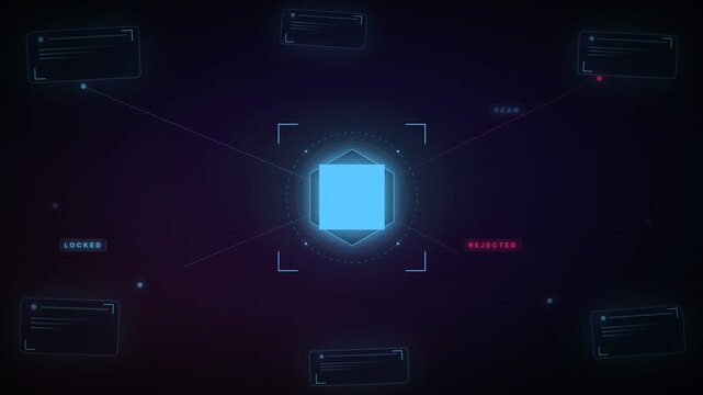 Futuristic heads-up display interface with a central glowing blue square scan target, surrounding data boxes, and a red warning label on a dark space.