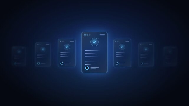 A glowing central UI panel displaying a checkmark and list lines, surrounded by smaller, blurred interface windows arranged in a horizontal carousel layout.
