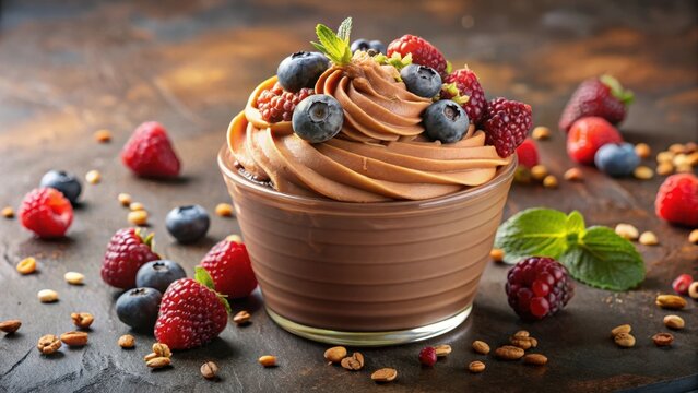 Decadent chocolate mousse dessert with mixed berries and crunchy nut toppings on a velvety smooth cream swirl background