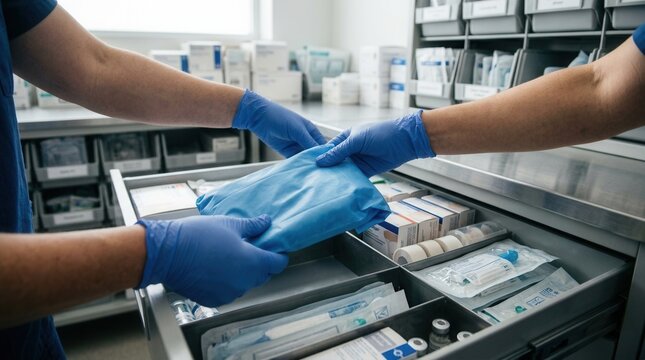 Medical professionals in blue gloves organizing sterile medical supplies in a hospital or clinic drawer