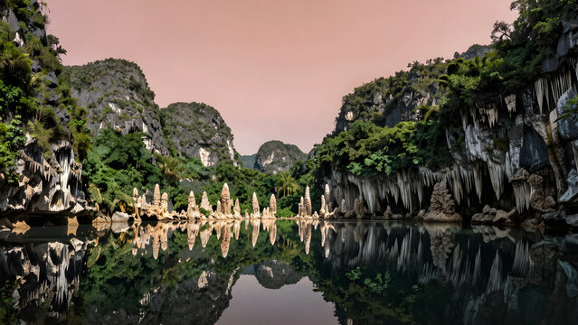 Karst landscape with jungle mountains and still water reflection
