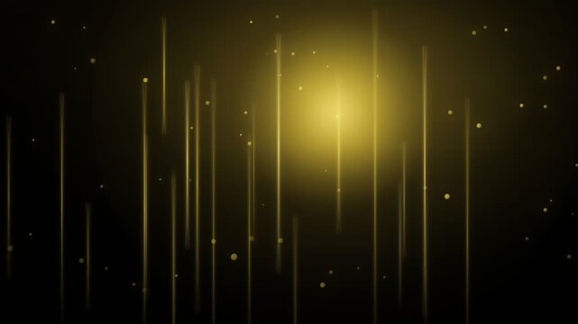 Vertical golden light streaks and glowing particles shimmering against a solid black , creating an abstract linear pattern with a warm central glow.