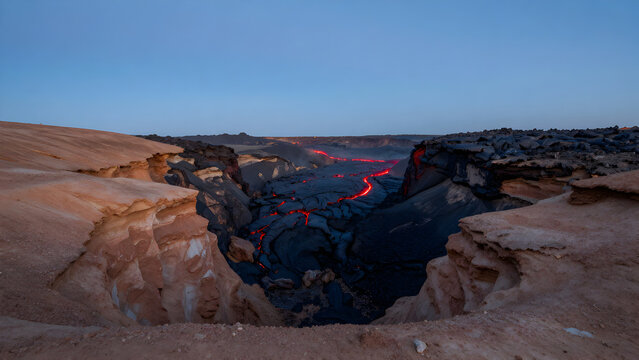 Volcanic crater glowing with lava at twilight