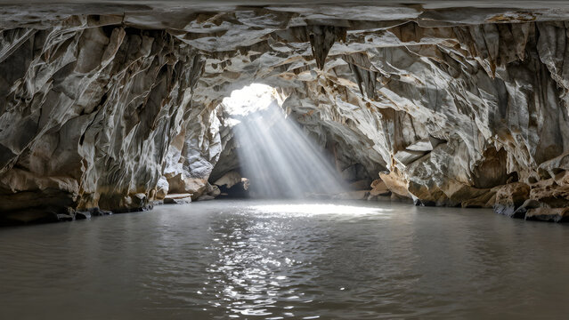 Sunlight streams into a large natural cave over water