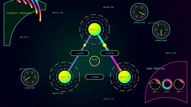 A glowing digital display showing algorithmic trading interface with evolving geometric nodes connected by light paths shifting in synchronicity across three distinct panels on dark surface