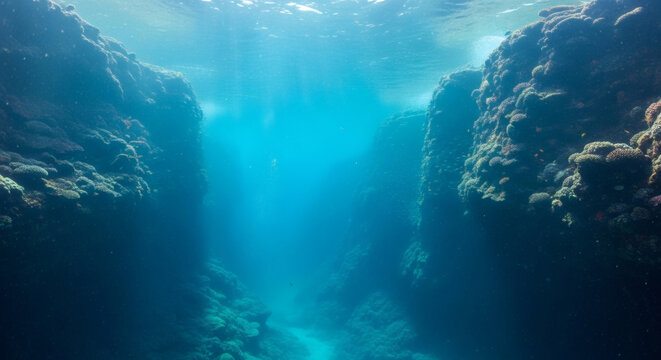 Underwater coral reef canyon with vibrant tropical marine life and bright sun rays streaming through deep blue ocean water surface