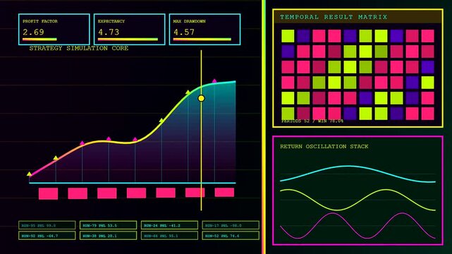 A digital screen displaying algorithmic trading charts with shifting colorful data squares and neon glowing wave patterns representing financial market oscillations in a modern software interface