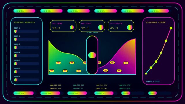 A colorful algorithmic trading interface displays multiple charts and financial metrics with glowing neon lines representing real time market data flux on a dark display screen