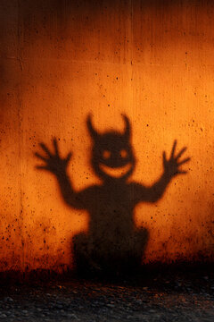 A wall bathed in the warm, orange light of twilight; the shadow of a child&mdash;resembling a friendly monster 