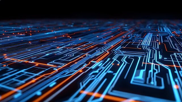 Glowing blue and orange circuit board pathways representing advanced technology and modern computing data flow patterns within a complex digital motherboard architecture for high performance systems