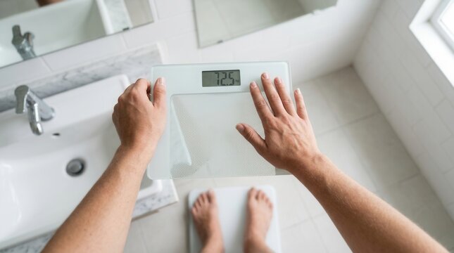 Overhead view of person stepping on a digital scale in a bathroom, monitoring weight and health