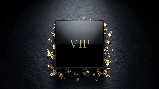 Elegant black VIP box with golden flakes on a dark background for luxury exclusive events