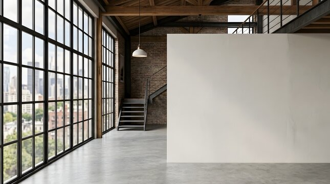 Industrial loft interior with empty white wall large windows and city skyline view