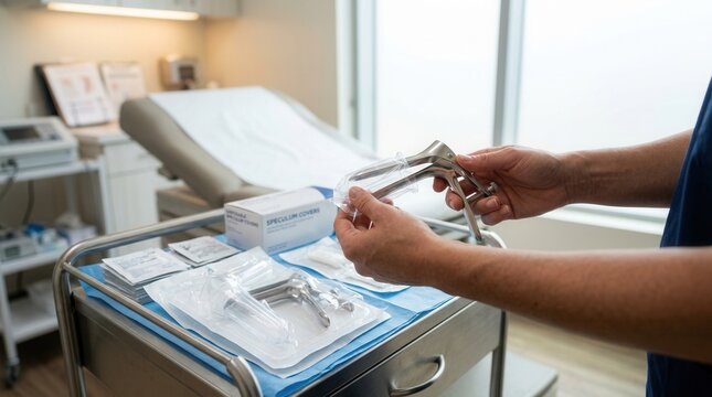 Medical professional prepares sterile speculum and exam room equipment for gynecological examination