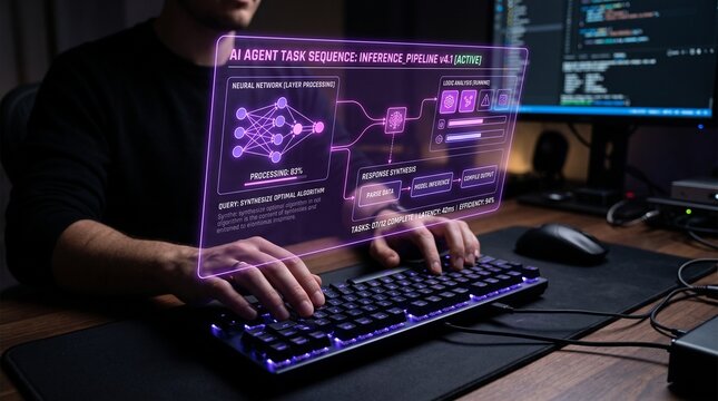 Man working on AI task sequence with holographic interface and neural network diagram