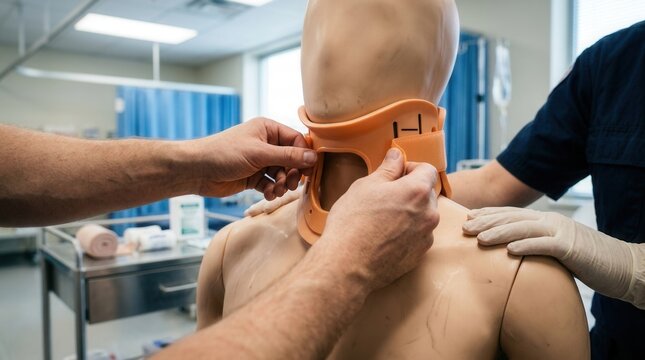 Medical professionals practice fitting a cervical collar on a training dummy in a simulation lab, focusing on patient care and emergency response.