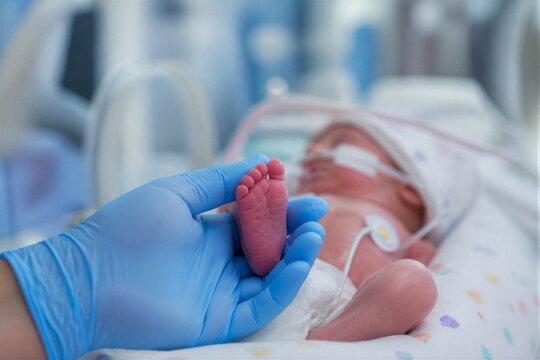 Premature newborn foot being held by gloved hand in neonatal unit