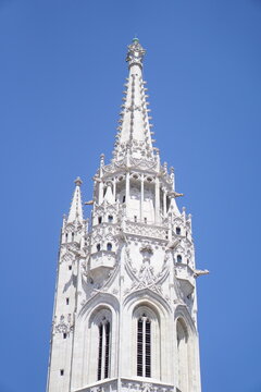 Tall ornate Gothic tower with intricate white stonework rising against a clear blue sky.