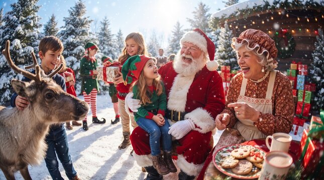 Santa Claus and Mrs Claus Laughing with Children and Reindeer in Snow. Magical Christmas Village Celebration Concept Banner with Copy Space