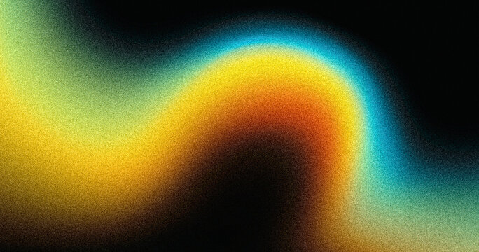 Vibrant background grainy orange green blue red yellow abstract wave shape on black backdrop glowing grain texture music party poster, banner, website header brochure or cd cover design