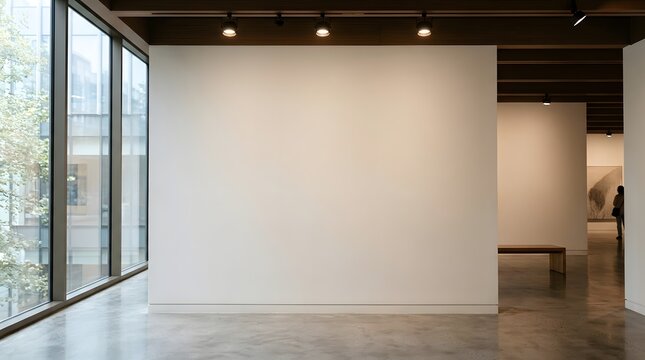 Empty white art gallery wall with track lighting and polished concrete floors for professional exhibition space mockups
