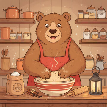 Cute cartoon bear baker in red apron kneading dough in cozy rustic kitchen with shelves of jars and copper pots