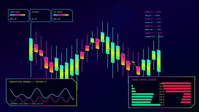 a colorful digital algorithmic trading interface displays real time market data candle charts and financial movement metrics in this futuristic virtual monitor for complex market analysis