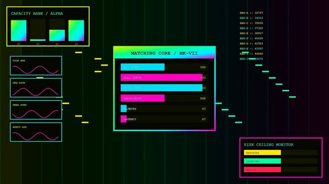 a complex algorithmic trading dashboard displays fluctuating market data through vibrant digital bar graphs and scrolling numbers within three interconnected monitoring windows on dark screens