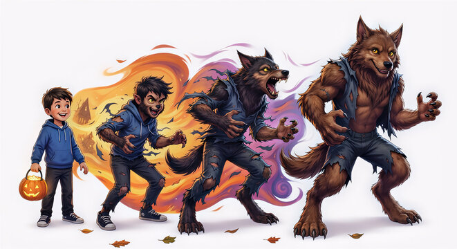 Kid transforming into Halloween werewolf in different phases