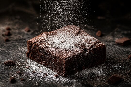 Chocolate brownie being dusted with powdered sugar on surface