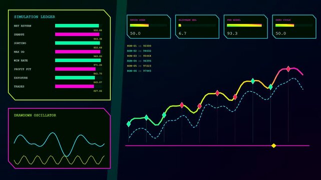Three screens displaying algorithmic trading analytics with changing financial line charts and glowing data ledger interface panels on a dark purple digital monitor display surface