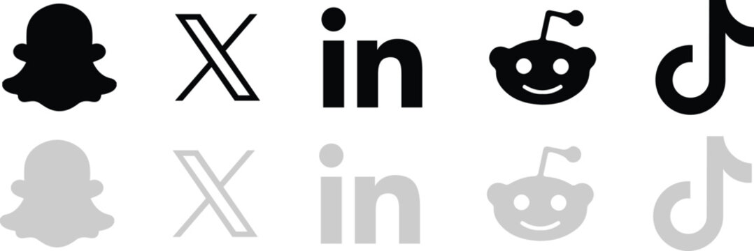 Social media logos vector set in black and gray monochrome styles. Official app icons for Snapchat, X, LinkedIn, Reddit, and TikTok .Vector illustration.