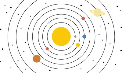 Flat design solar system illustration with sun and planets orbiting on white background, graphic element © sugeng prayitno