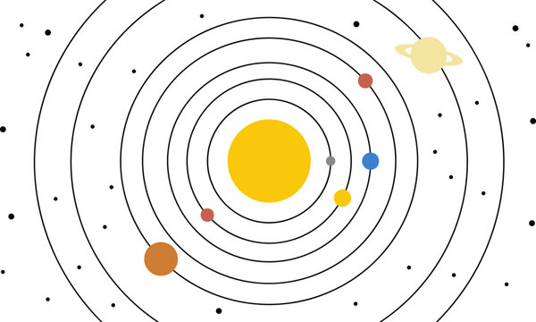 Flat design solar system illustration with sun and planets orbiting on white background, graphic element