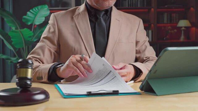 Mature lawyer reviewing legal documents beside wooden gavel tablet computer sitting at desk inside courtroom office chamber.