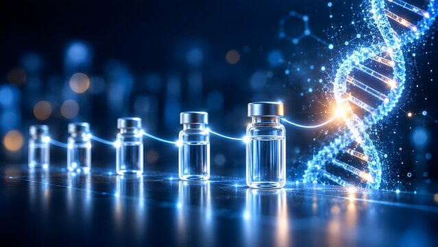 Medical research and biotechnology concept row of transparent glass vials connected by glowing line leading to illuminated DNA strand in dark laboratory environment