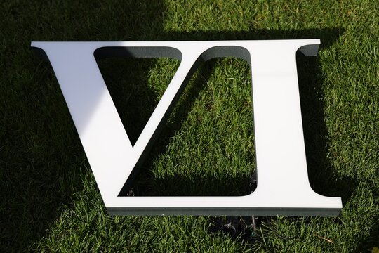 Chiffre romain VI d&eacute;coratif pos&eacute; sur une pelouse verte au soleil